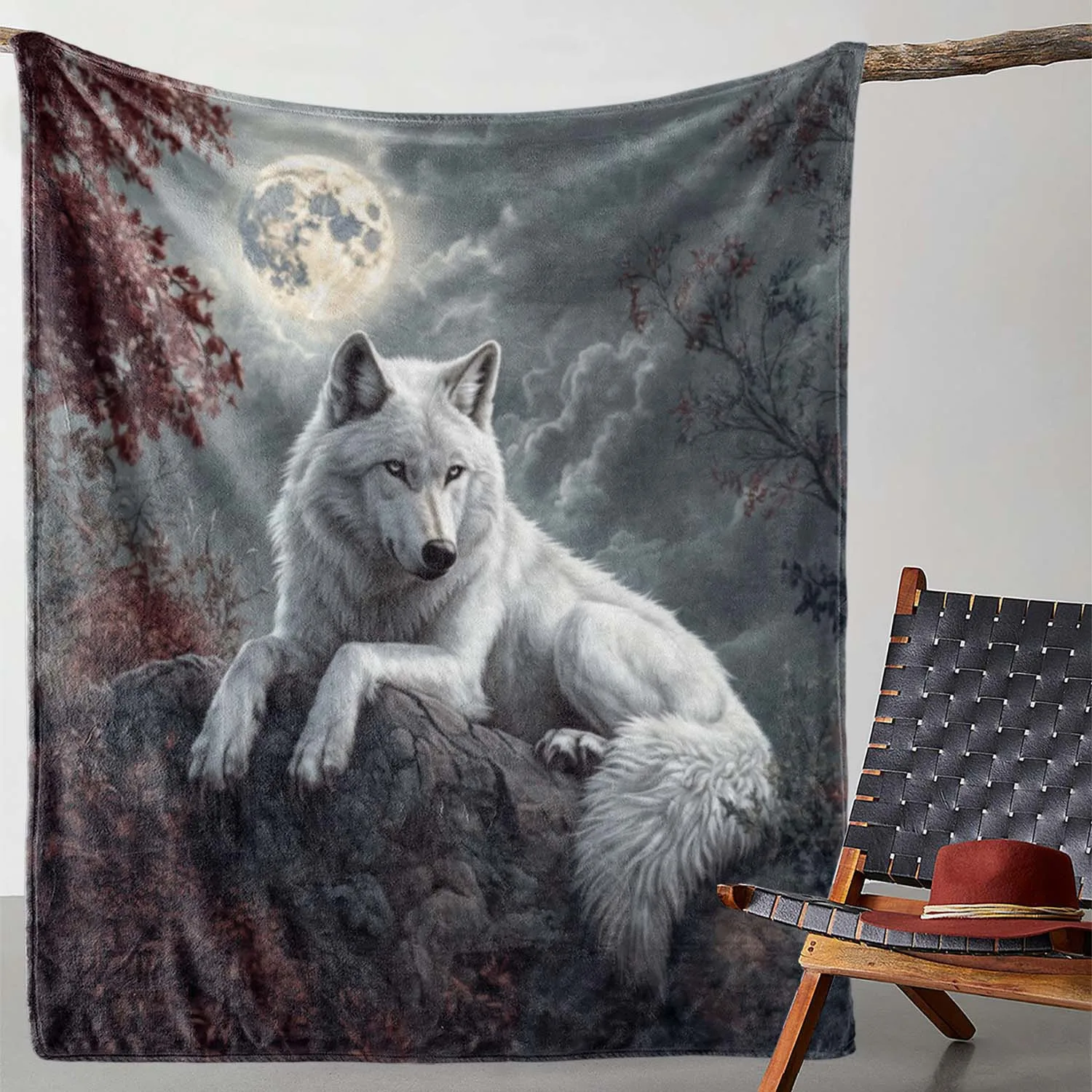 

1 Vintage Wolf Moon Print Flannel Blanket - Soft and Comfortable for All Seasons, Suitable for Sofa, Bed, Office, Polyester