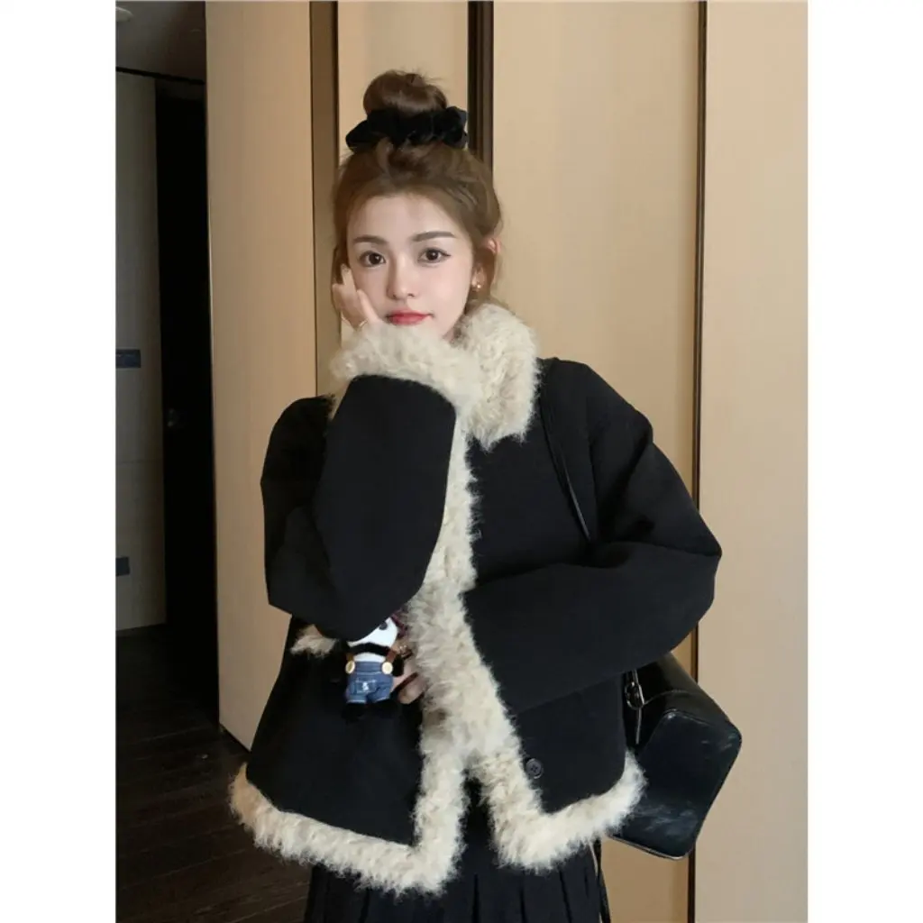 

Petite Women Corduroy Lamb Fur Short Quilted Jacket Black Thickened Winter New Style