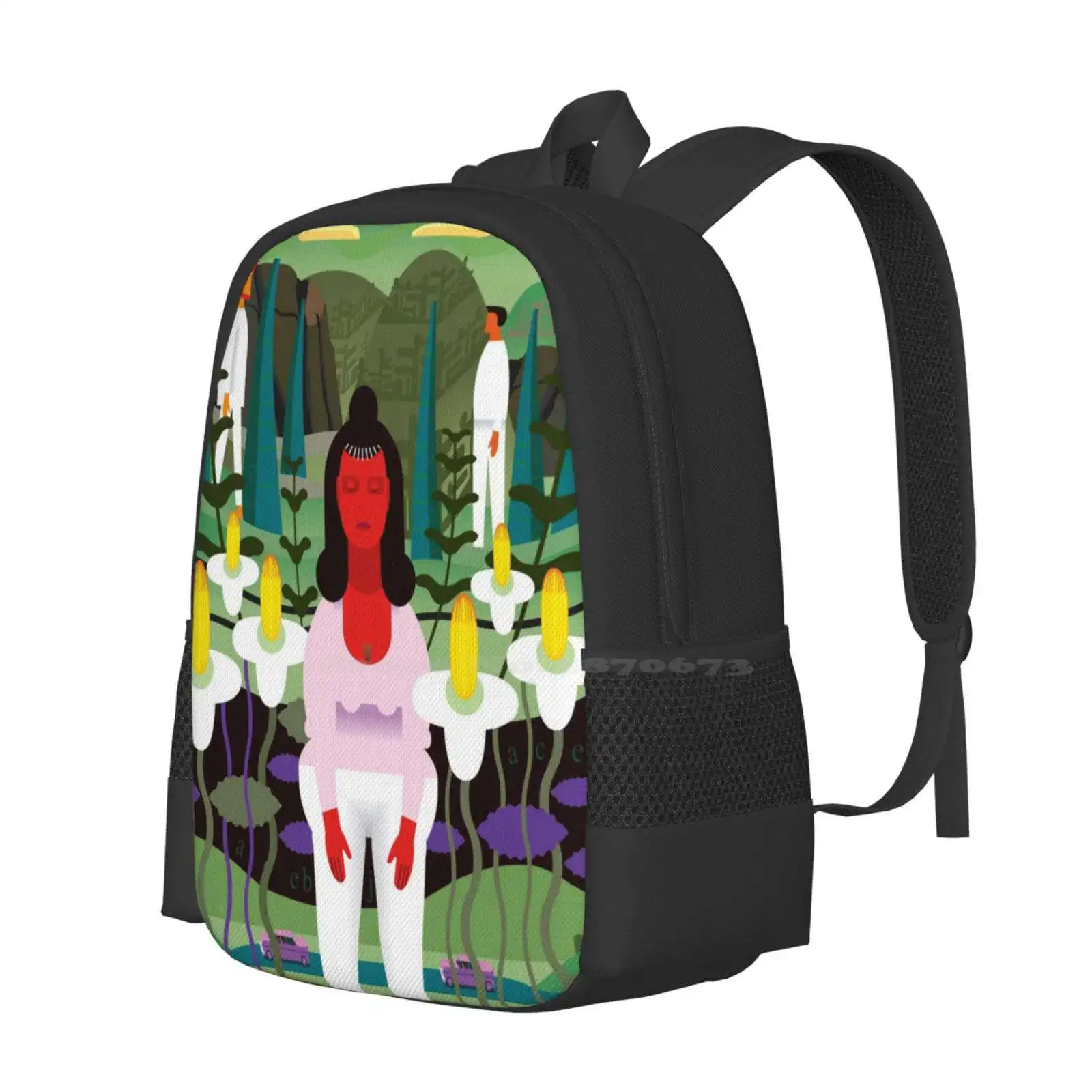 Mantra School Bags Travel Laptop Backpack Landscape Vector Woman Cartoon Humor Green Meditation Trance Soft People Geometric