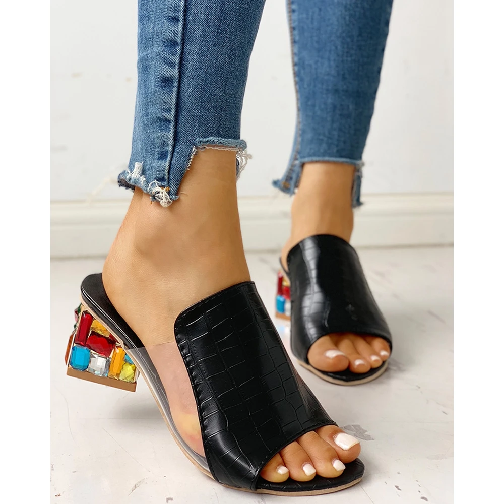 Summer Women Wide Strap Square Heel Slippers Casual Outdoor Turkey Shoes Casual Peep Toe Going Out Slippers Black Sandals