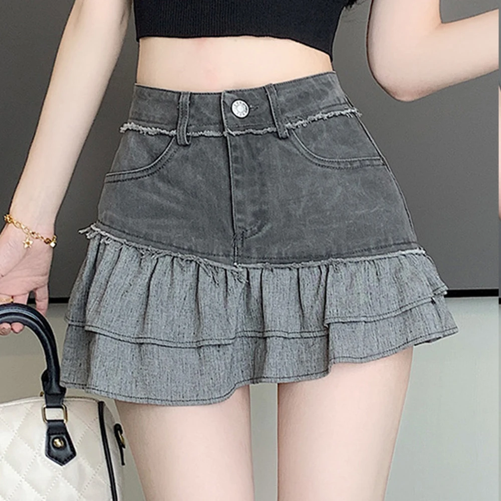 Fashion Patch A-Line Skirt Summer Korean Women's Sweet Short Skirt Button Irregular High Waist Folding Skirt Women's New Style