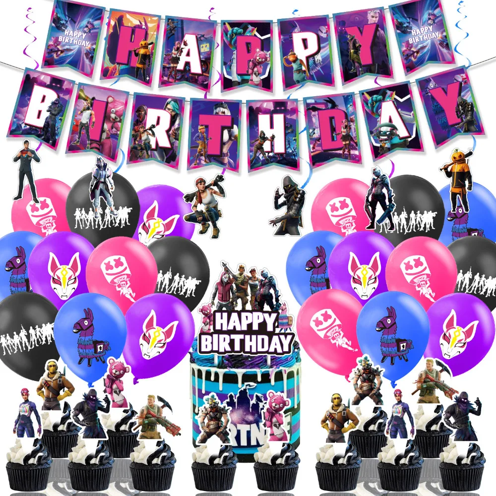 Fortnites Theme Birthday Party Supplies ชุดร้อนเกมแบนเนอร์เค้กตกแต่งการ์ตูนลูกโป่งของเล่นของขวัญตลก