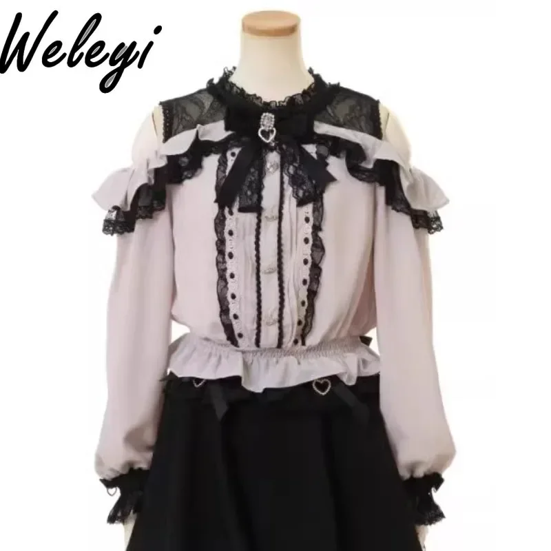 Japanese Kawaii Blouse Women Autumn Fashion Versatile Mine Tops Lace Stitching Off The Shoulder Mass Produced Long Sleeved Shirt