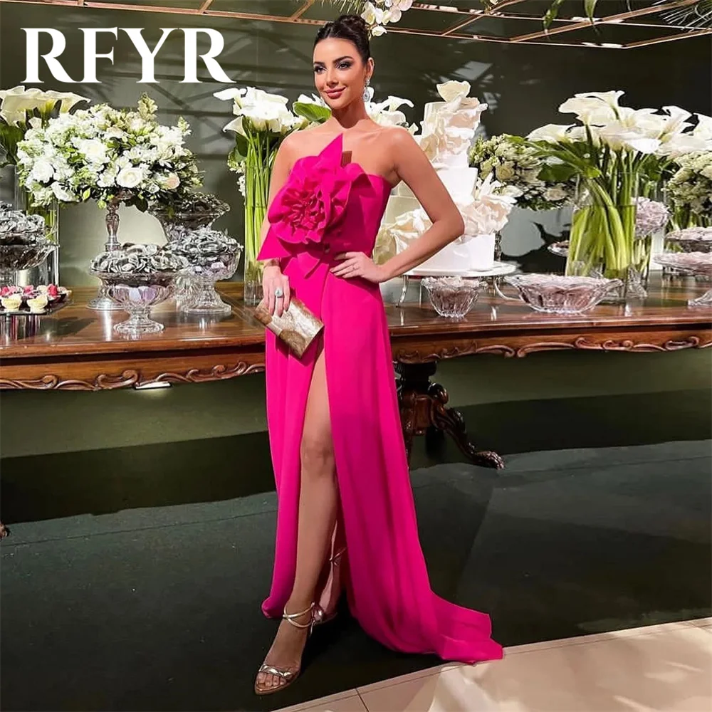 

RFYR Fuchsia Stain Charming Prom Dress Gown 3D Flower Formal Gown Mermaid Sexy Evening Gown with High Split vestidos de noche