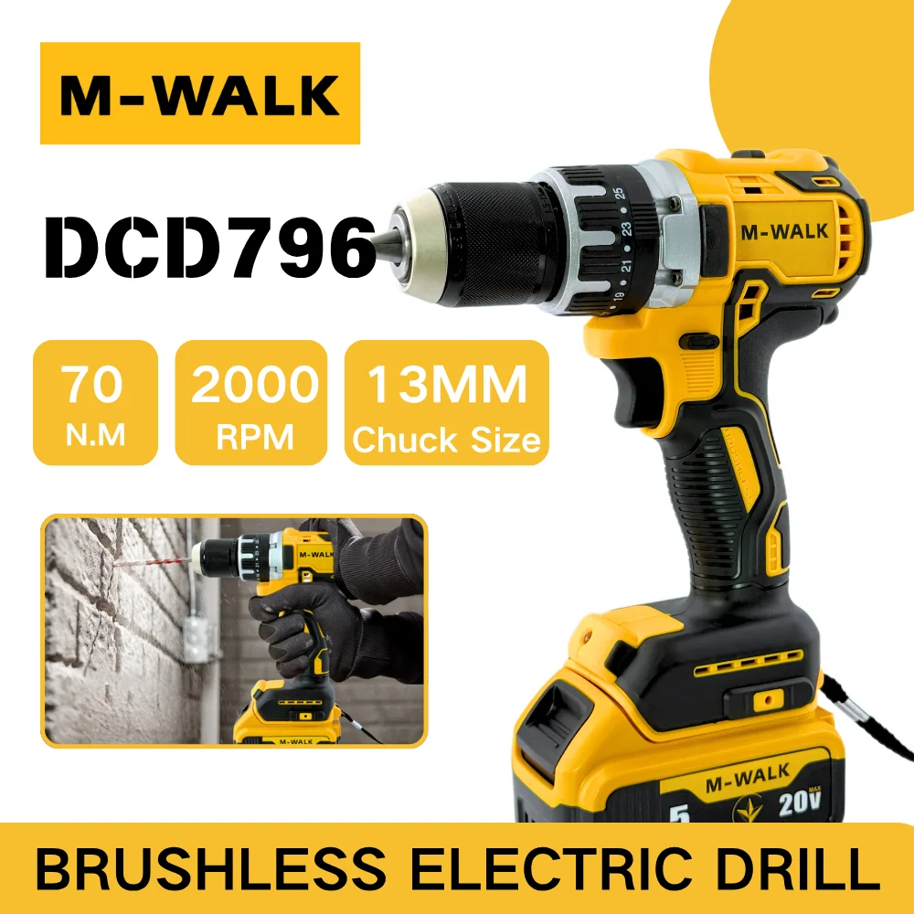 

M-WALK 70Nm Cordless Electric Impact Drill 13mm Brushless Screwdriver Rechargeable Power Tools For Dewalt 20V Battery Pin DCD796