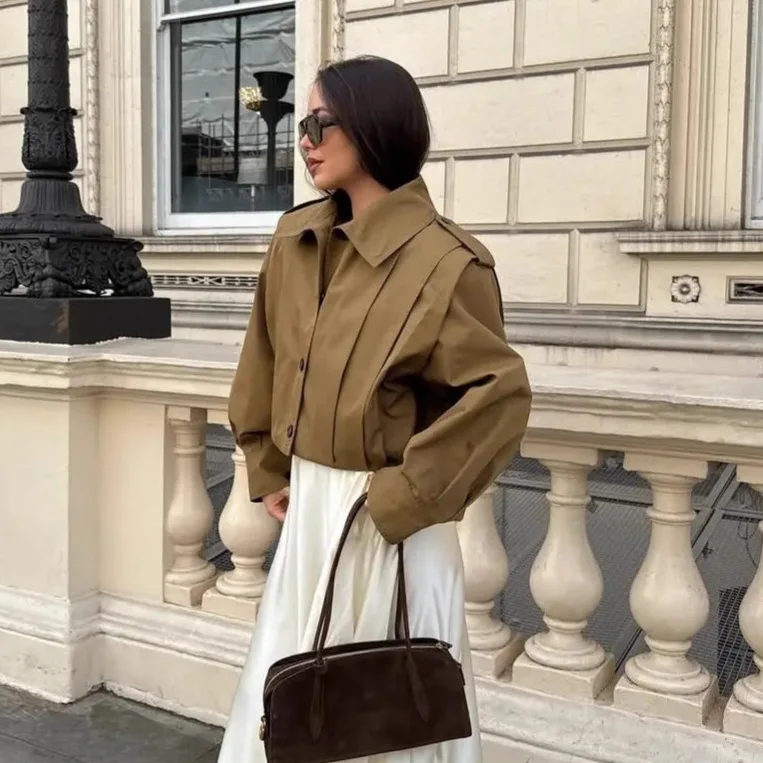 Retro Ruffled Women's Autumn Jacket Turn Down Collar Single Breasted Spliced Loose Coat For Female Minimalist Elegant Lady Coat