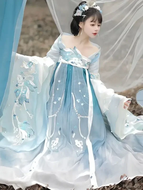 

Weijin Dynasty Embroidery Hanfu Dress Women Chinese Traditional Cosplay Costume Dynasty Ancient Clothes Blue Stage Dance Dress