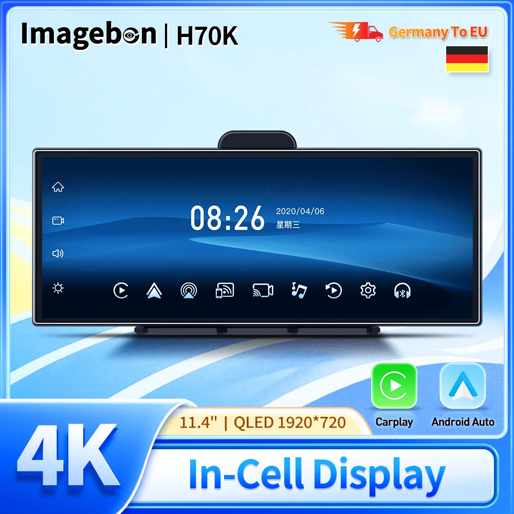 Image of Imagebon H70-K 11,4" 4K Dashcam QLED In-Cell-Bildschirm Kabelloses Carplay Android Auto Auto-DVR 5G WIFI GPS-Navigation Videorekorder Dashcam