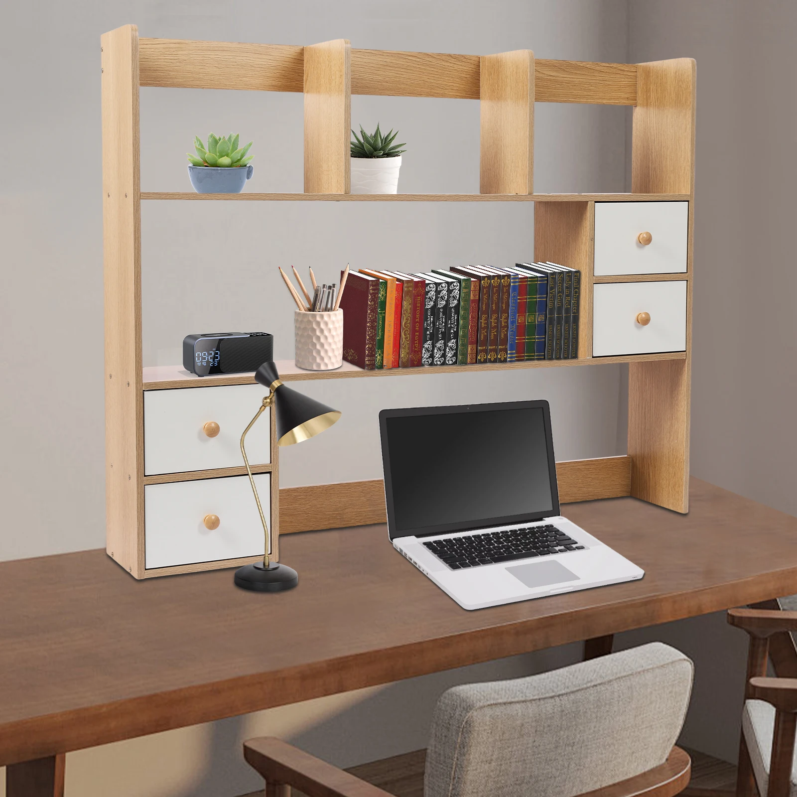 منظم قفص مكتب خشبي، حامل سطح المكتب مع 8 أرفف و4 أدراج، مكتب زينة مع قفص علوي فقط، رف مكتب صغير قابل للتمديد #1
