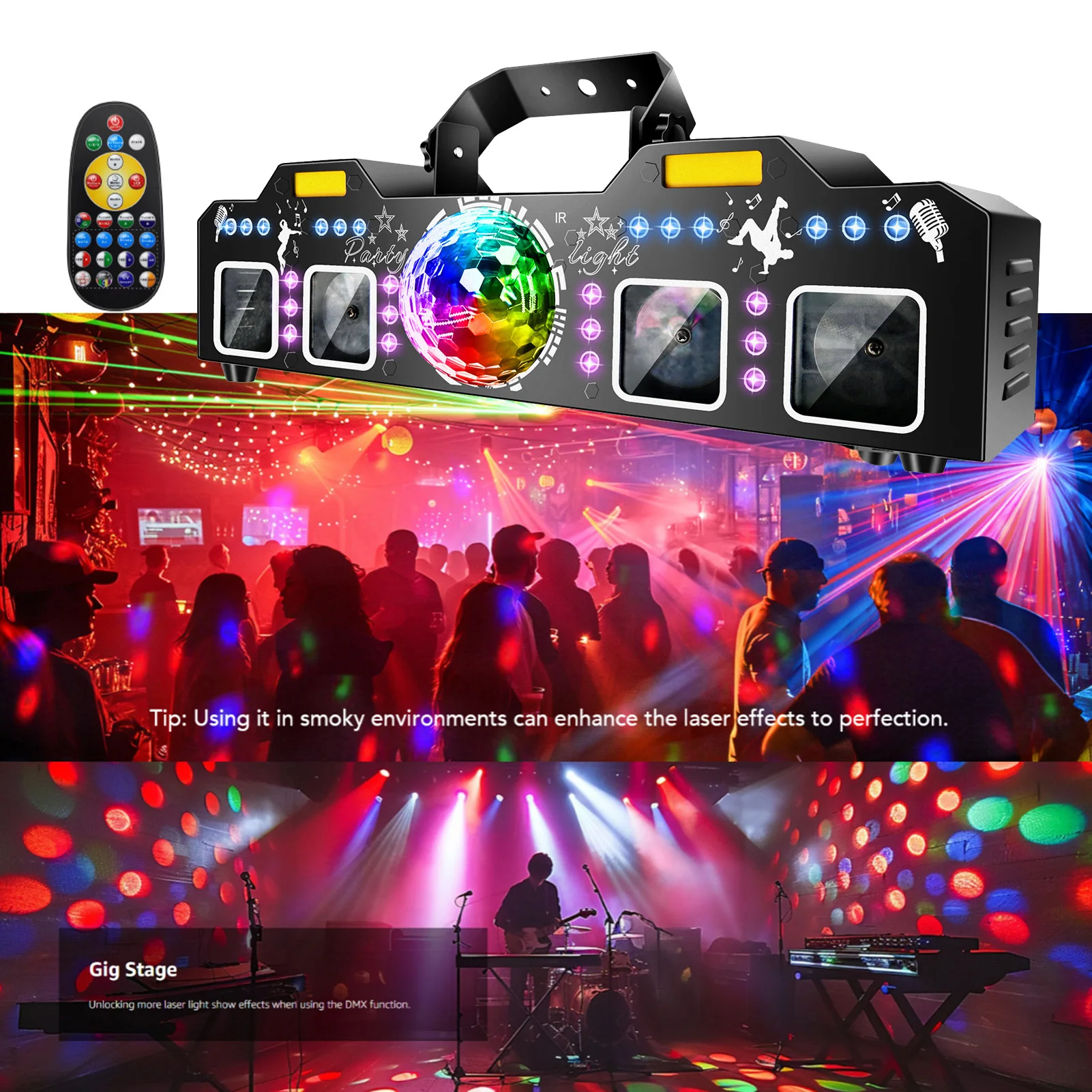 5-in-1 Stage Lighting Projector 96 Patterns + Magic Ball Effect + LED Par Light + UVLight + Golden Strobe Sound
