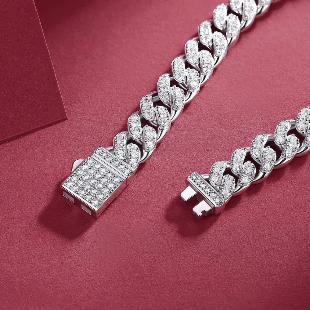 QIBAOKU D VVS1 Moissanite Cuban Bracelet Original s925 Sterling Silver Plated 18k White Gold with GRA Bracelets for Women Man