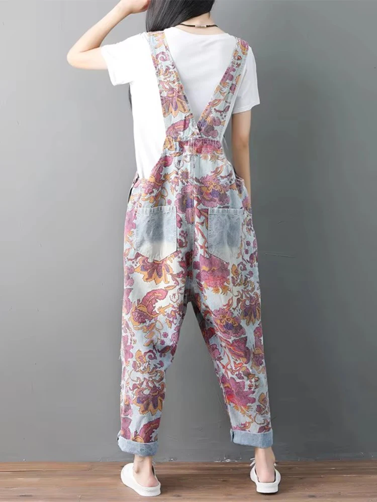 AmaxluluE Sommer Britischen Designer Weibliche Gedruckt Vintage Overalls Frauen Floral Lose Denim Pantalons Weibliche Übergroße Hosen