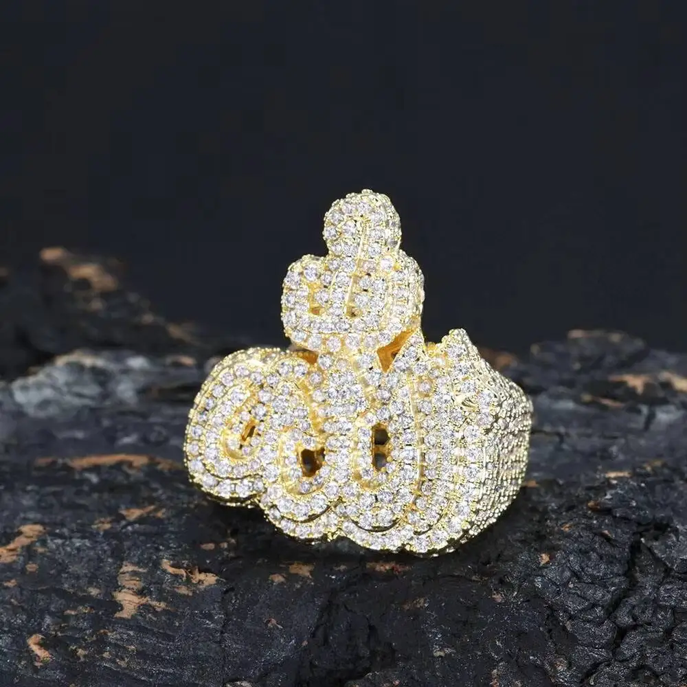 New Design Iced Out Zircon Allah Cluster Ring Hip Hop Jewelry Prong Set Silver Gold Plated Fire Ring for Men Women