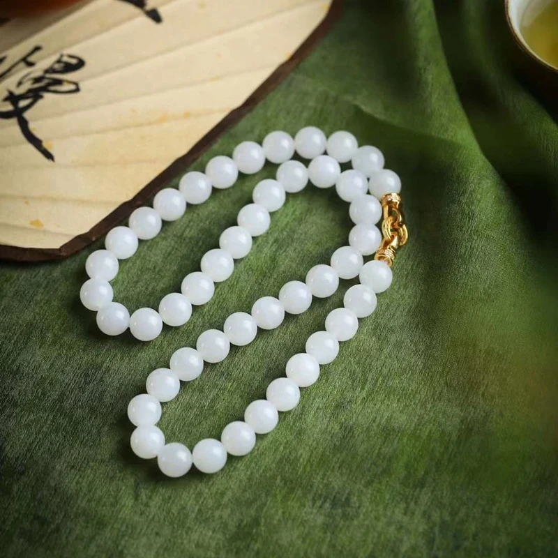 

ожерелье из натурального нефрита Хэтиан, материал из Цинхая, белые нефритовые бусины класса «овечий жир»