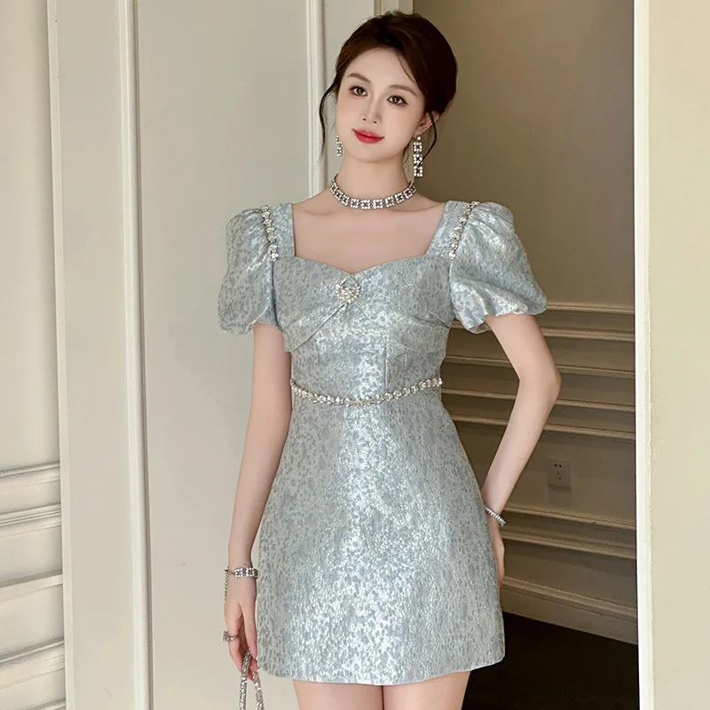 Vintage Dress French Square Collar Diamond Puff Sleeve A- Line Dresses 2024 Summer New High Waist Birthday Dress for Women