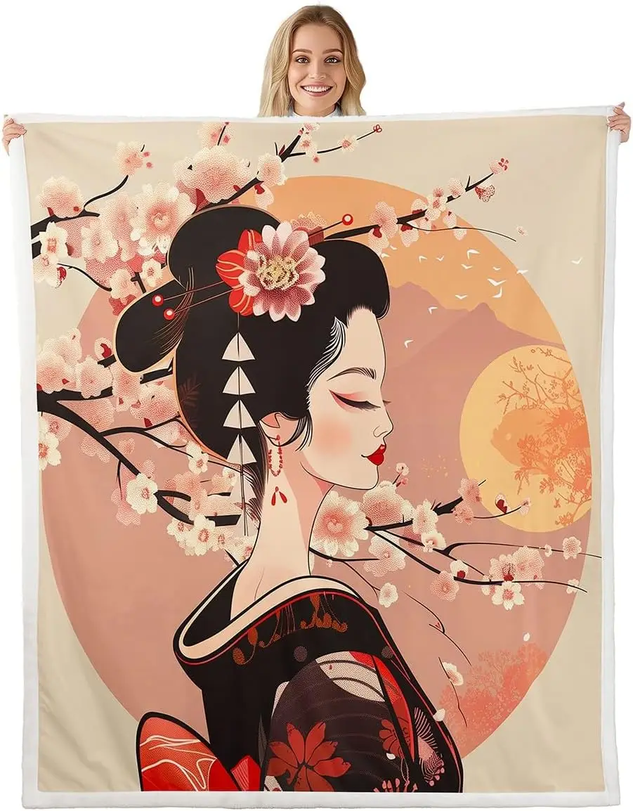 Kids Japanese Geishas Fleece Throw Blanket Queen Boys Girls Cherry Blossoms Plush Blanket Japanese Style Sherpa Blanket Japanese