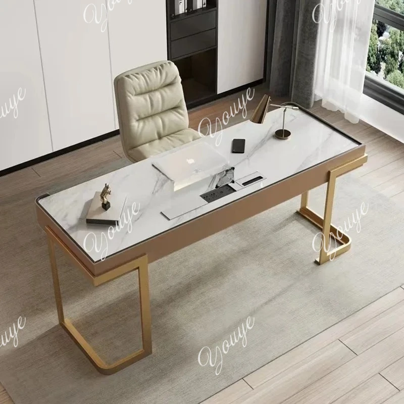 

02 Italian Stone Plate Saddle Leather Desk Modern Home Light Luxury Study Designer Desk Wall High-End Computer Desk