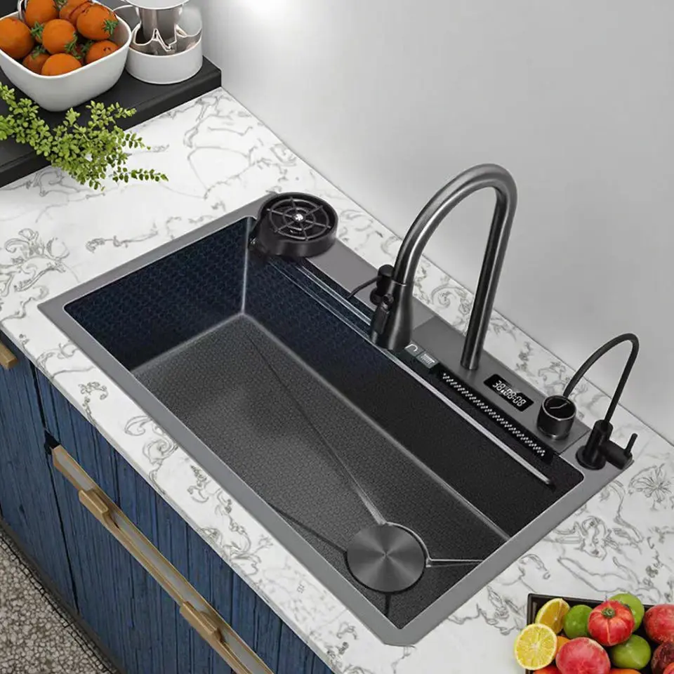 

Stainless steel square single kitchen sink faucet piano key handcrafted digital display waterfall faucet