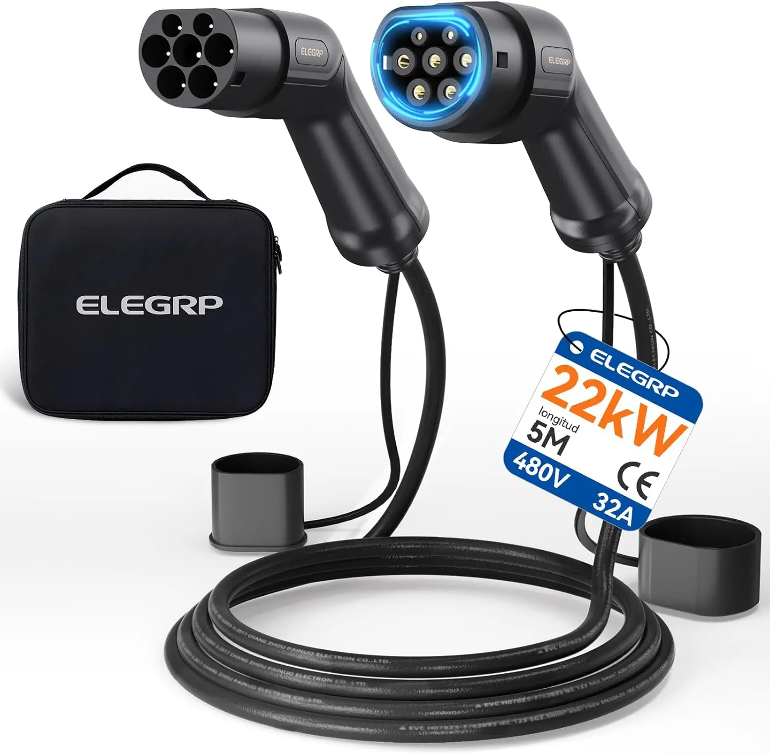 

Кабель для зарядки ELEGRP Type 2, 22 кВт, 5 м, 32 А, 3-фазный, Type 2 - Type 2, режим 3, для электромобилей EV/PHEV
