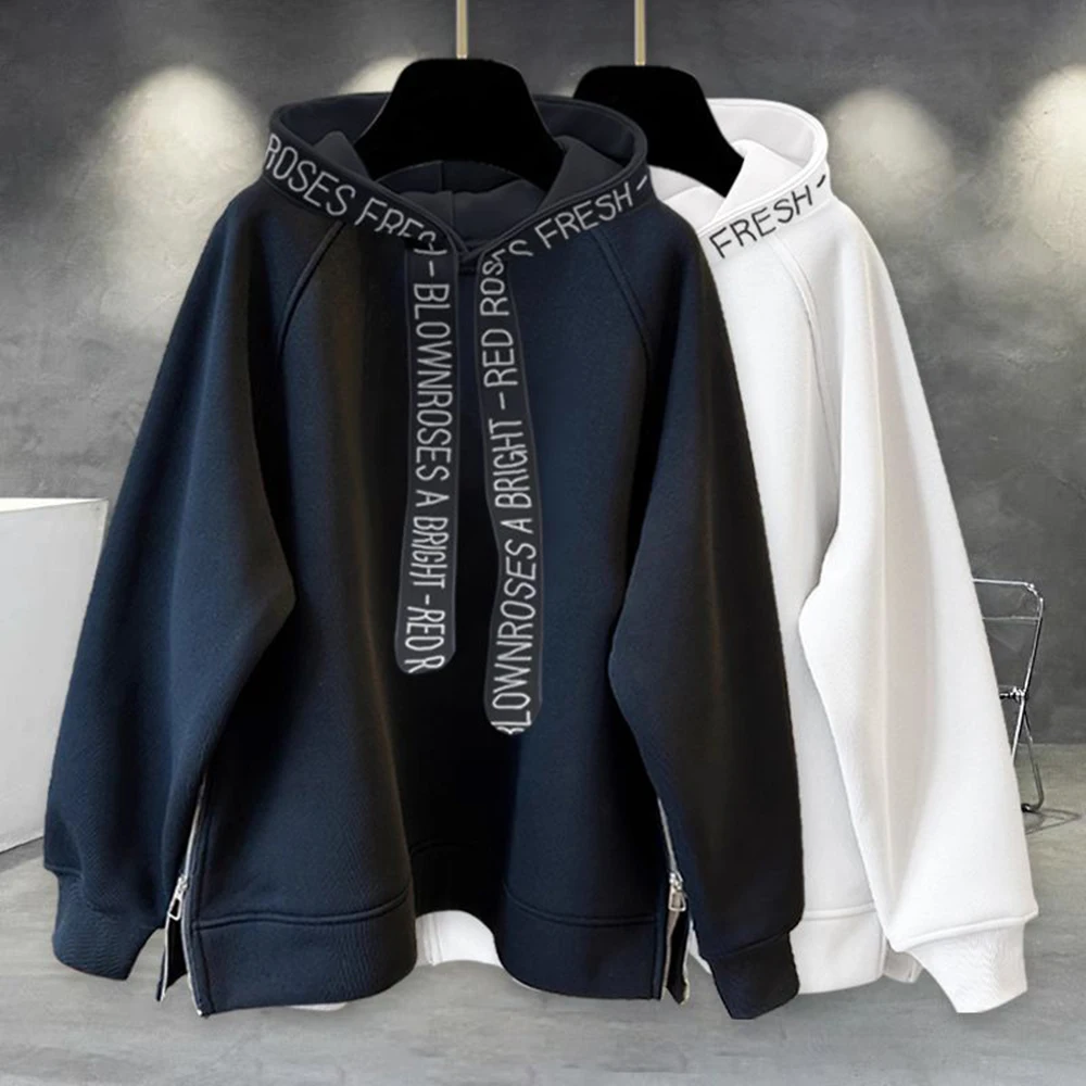 Zipper Slit Design Hooded Sweatshirt Mens Autumn Winter Korean Version Fashion Letter Printing Student Loose Pullover Jacket