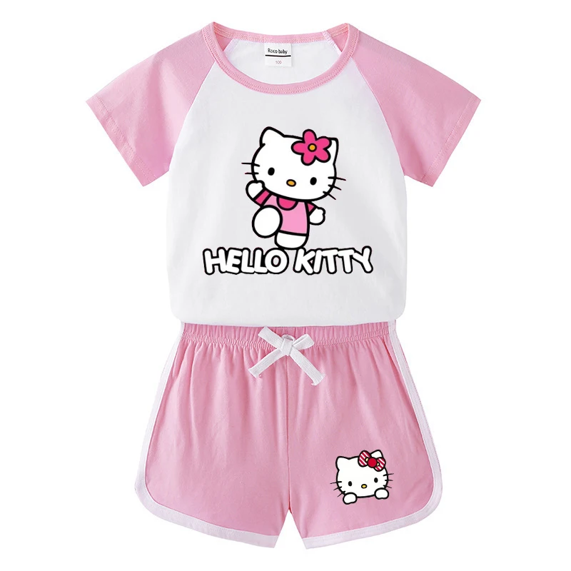 Hello Kitty Printed Kids Short Sleeve Suit 2024 Girls Summer Clothing Cartoon T-shirt Shorts 2pc/set Children\'s Wear Tracksuits