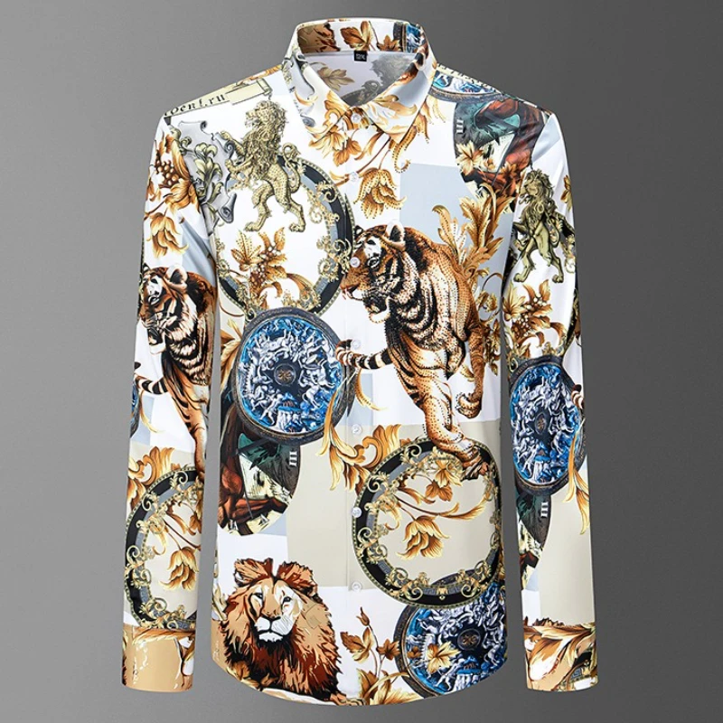 

Роскошная мужская рубашка со стразами, высококачественные повседневные рубашки с длинными рукавами и принтом, деловая классическая рубашка для вечеринок, 2025 г.