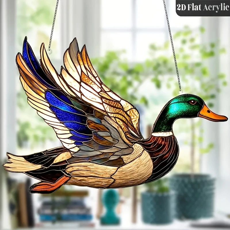 2D Acryl flach bedrucktes Tier fliegende grünköpfige Ente Hahn Sonnenfänger Bauernhaus Home Decor Anhänger Tierliebhaber Geschenk