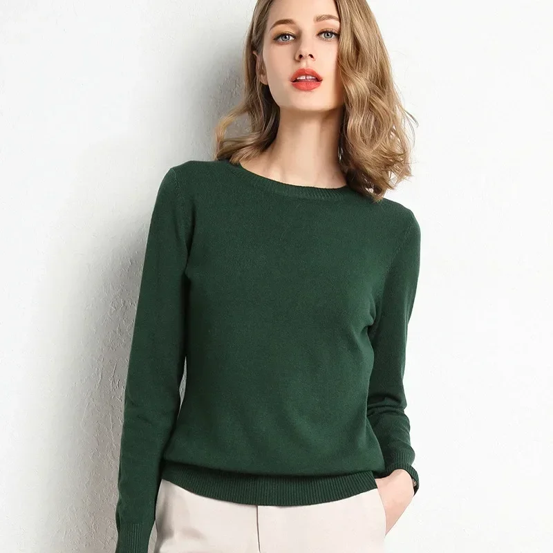 2024 Women Slim O-Neck Pullover Cashmere Wool Blending Sweater Autumn And Winter Long-Sleeved Knit Bottoming Shirt Large Size