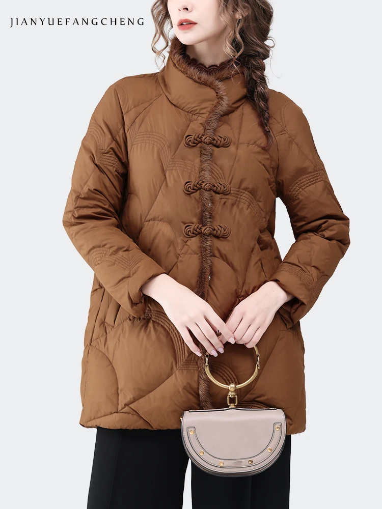 Fashion Fur Collar Women Winter Brown Down Jacket Warm Lightweight Disc Buckle Design Loose Casual Windproof Embroidery Parkas