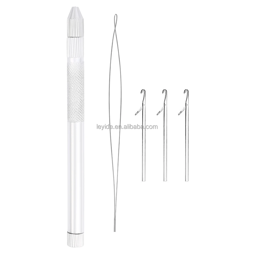 3 Knitting Needles 1 Holder 1 Pulling Hook Loop Threader Aluminum Ventilating Holder Needles Kit for Hair Extension