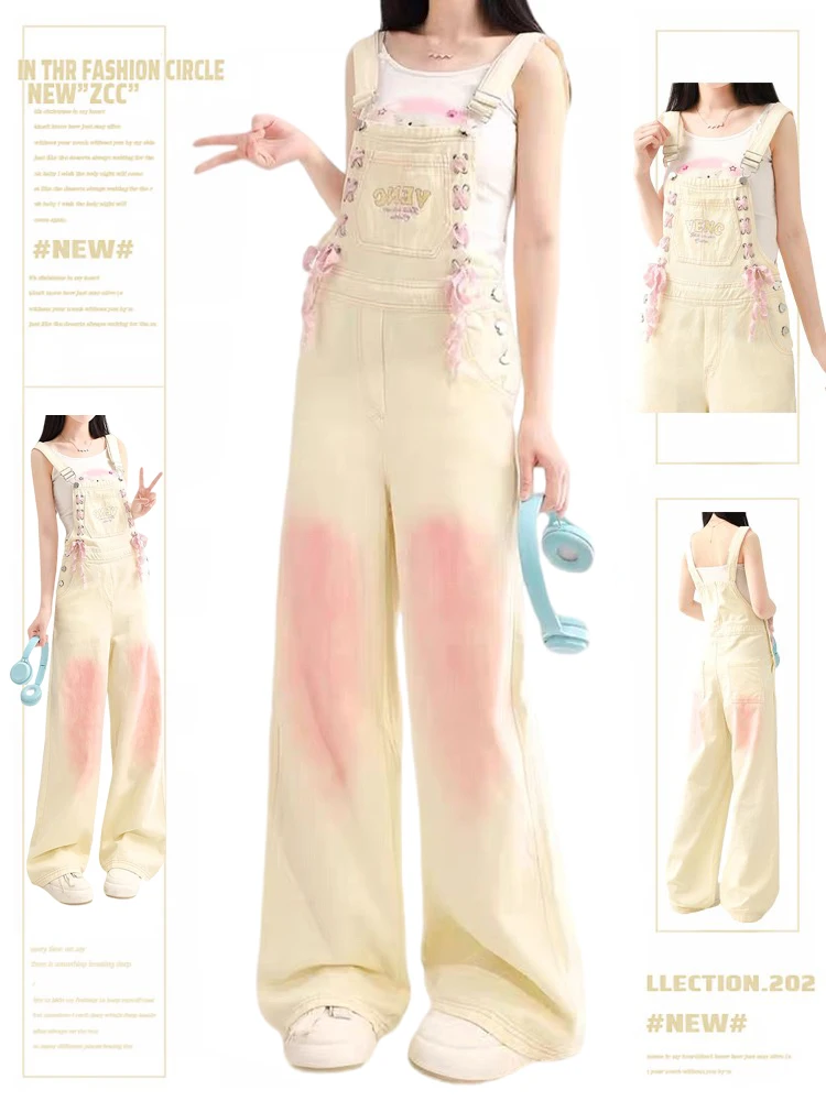 กางเกงยีนส์เอี๊ยมทรงหลวมขาบานเอวสูงมีซิป ลายสัตว์ แฟชั่นฤดูใบไม้ร่วงสำหรับผู้หญิง