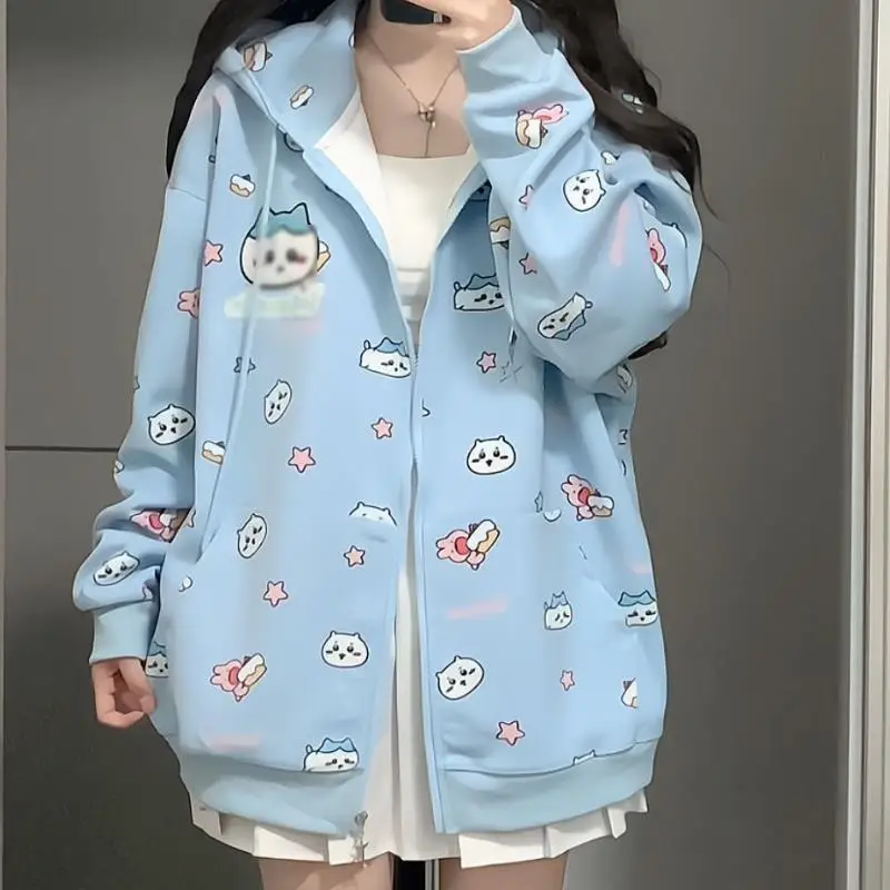 Sudadera con capucha con estampado de dibujos animados de Anime japonés para estudiantes, cárdigan versátil suelto, chaqueta con cremallera, Tops de manga larga, Chiikawass Hachiwares