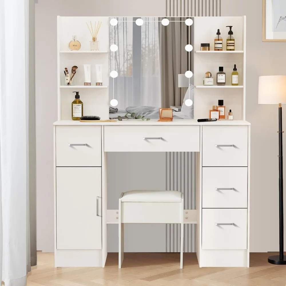 White Vanity Desk with Lights and Mirror, Makeup Vanity Dressing Table with LED Lighted Mirror & 3 Color Modes, Large Vanity