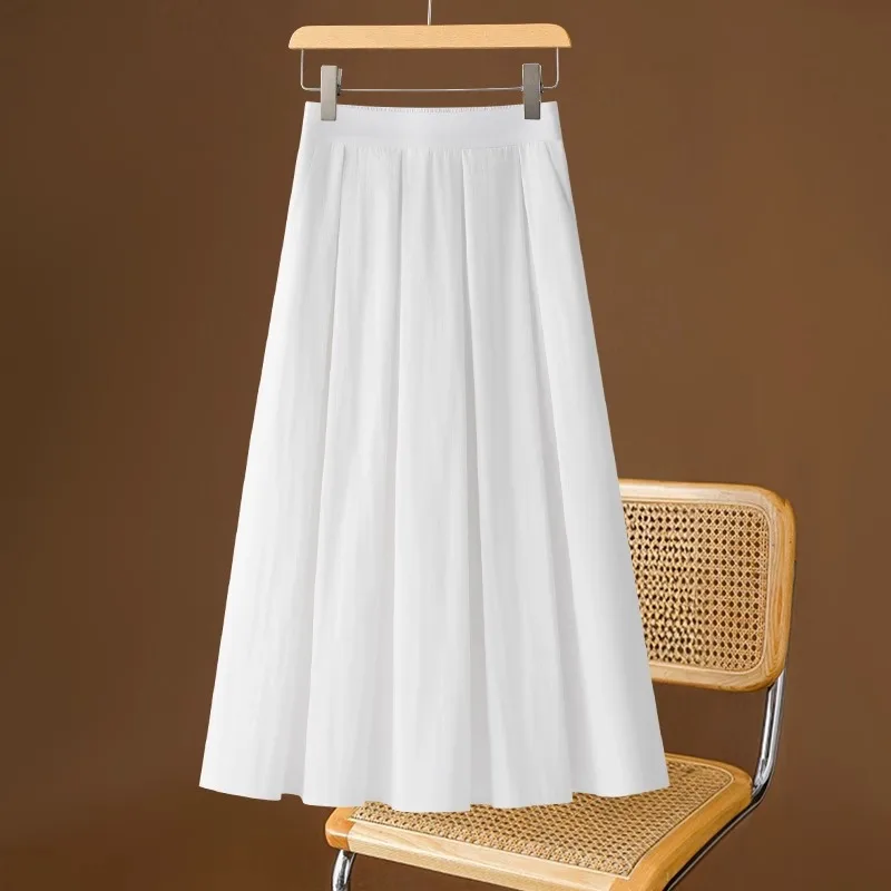 

White Trendy Midi Skirt for Women Summer Thin High Waist Fashion Versatile Draped Pleated Skirt