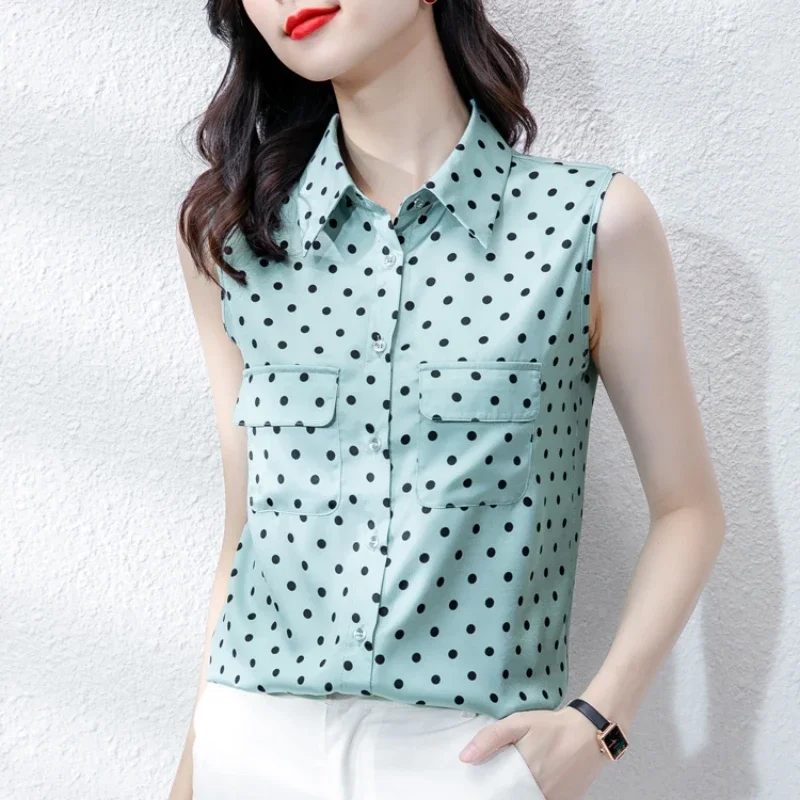 2024 Summer New High End Atmosphere Imitation Silk Fashion Wave Dot Printed Tank Top Cardigan Sleeveless Outer Wear Slim Top