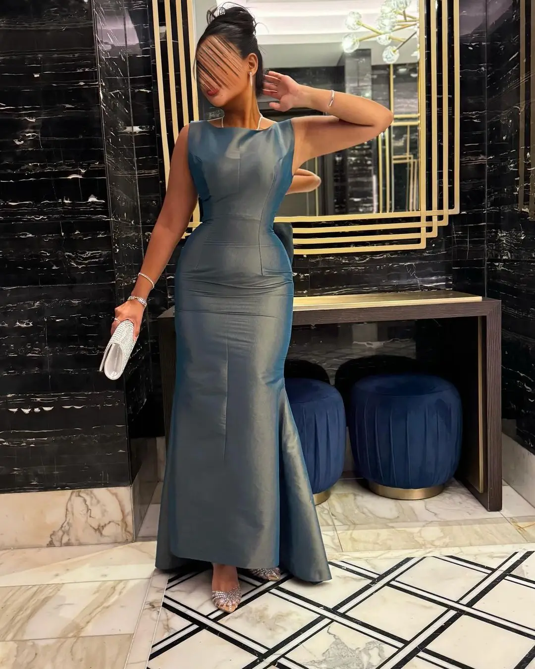 

Vintage Mermaid Sleeveless Prom Dresses Pleated O-Neck Formal Occasion Prom Gowns Ankle Length Wedding Party Dresses