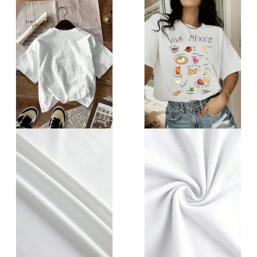 【Nuevo estilo】Camiseta de manga corta con cuello redondo y estampado VIVA MEXICO, top informal de manga corta con diseño estilo comida gourmet, adecuado