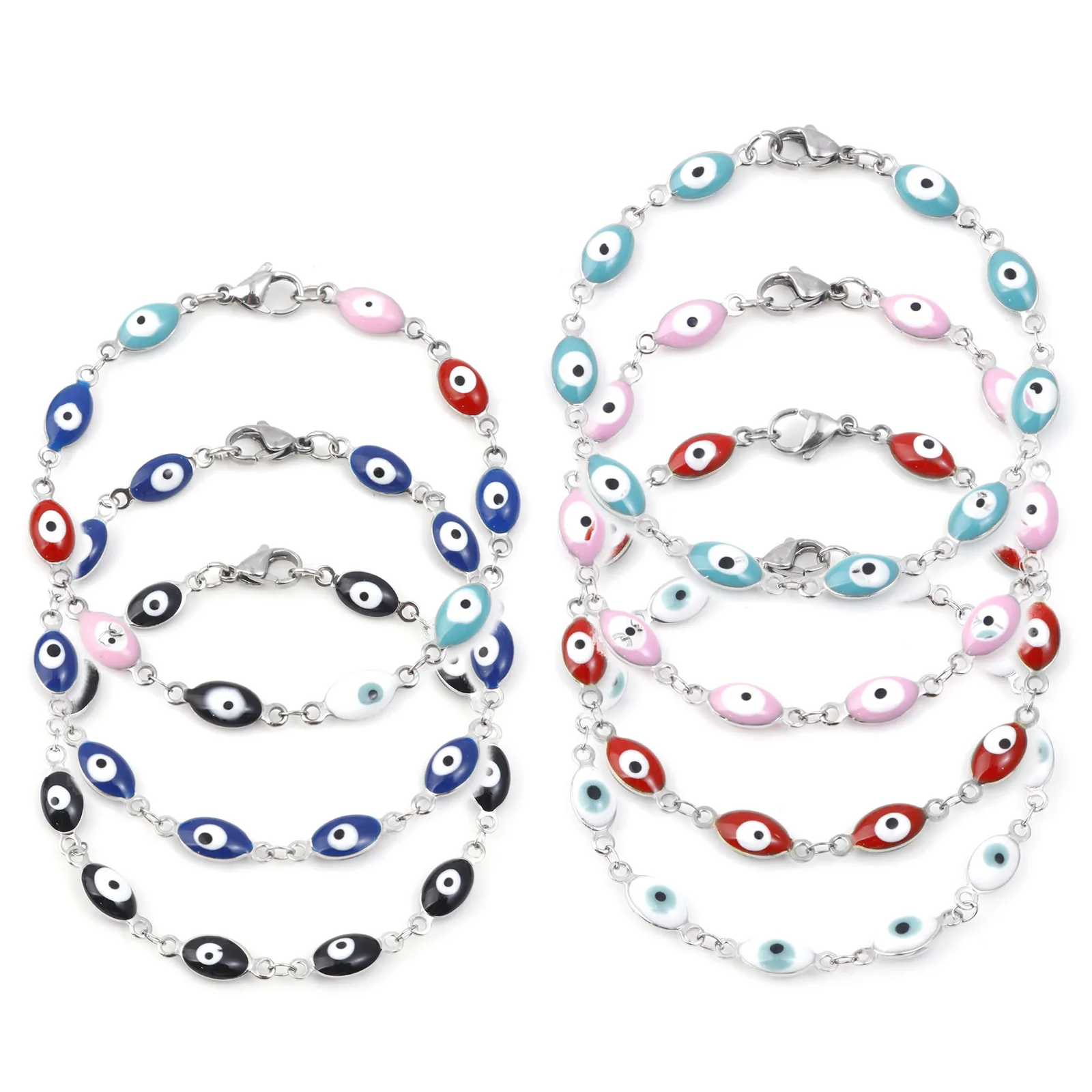 304 Stainless Steel Religious Bracelets Silver Color Multicolor Olive Evil Eye Enamel Jewelry Gifts 18.5cm(7 2/8