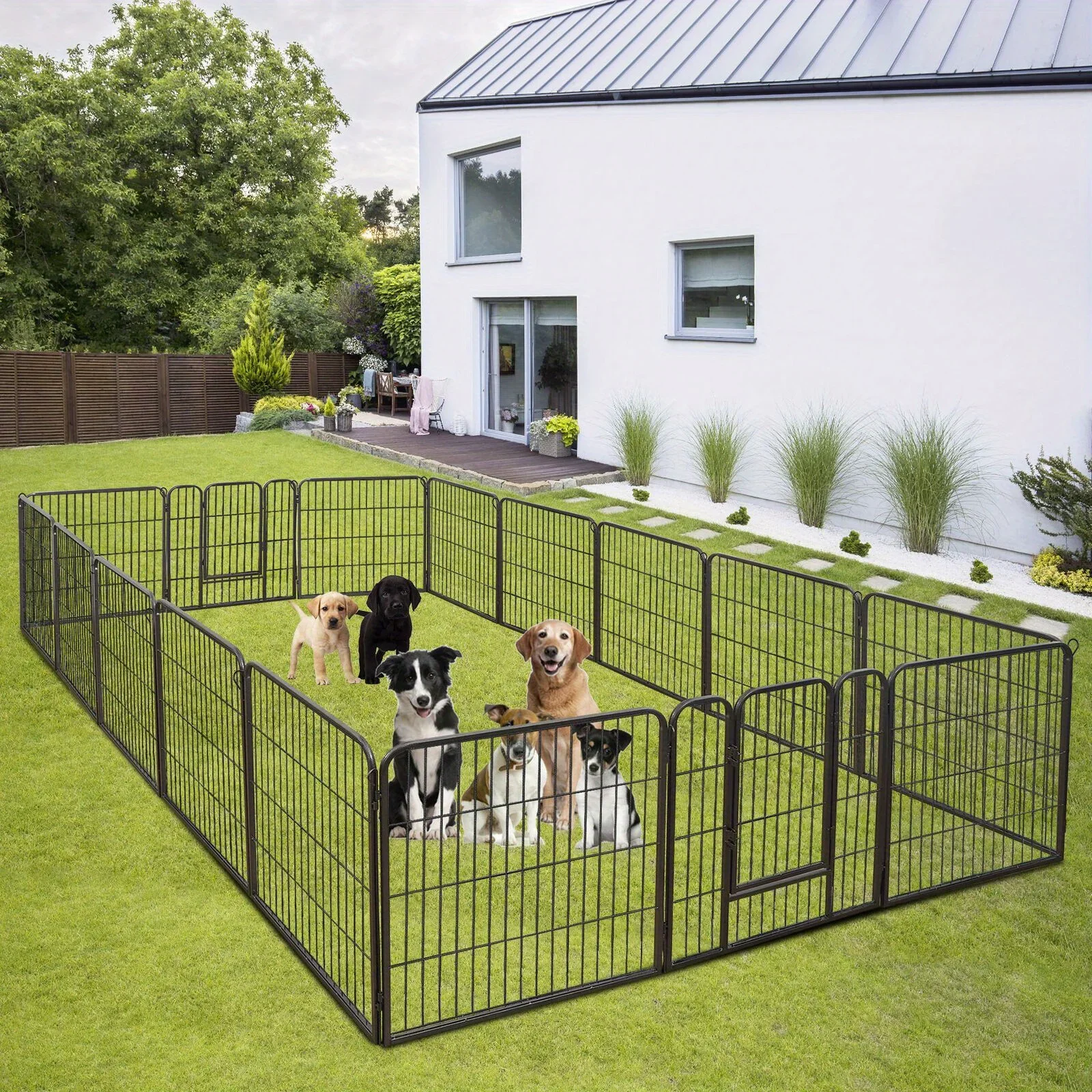 16 board pet dog play fence 32 feet high exercise with a portal outside