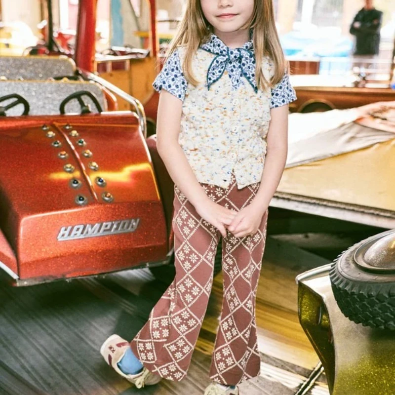 MP26 SS Flower Print Plaid Collection Children Outfit Set Short Sleeve T-Shirt Girl Casual Slim Pants Dress Baby Bodysuit Romper