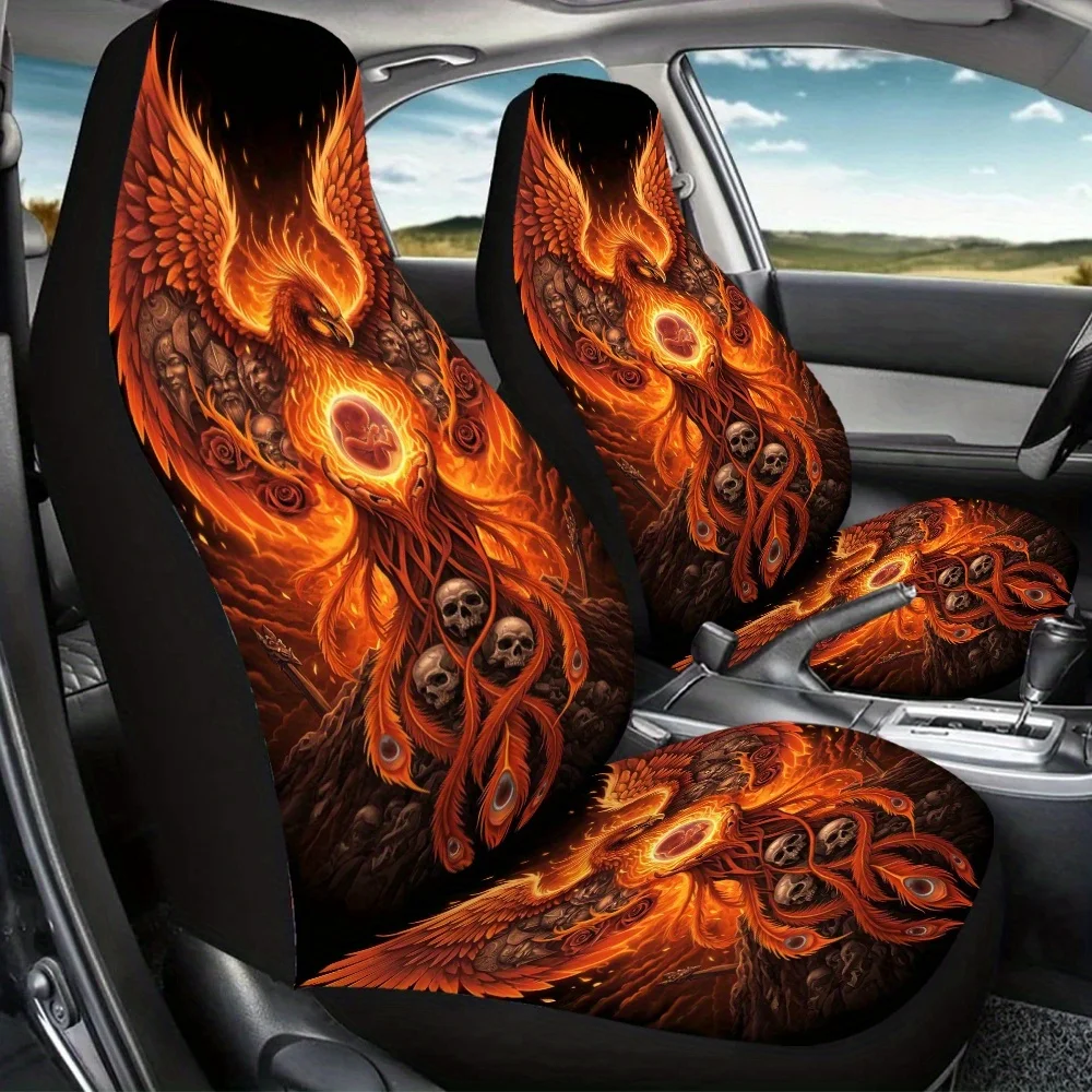 2pcs Phoenix Rising Glory Car Seat Covers - Vibrant Red & Black Flame Design, Durable Fabric, Fit For Front Seats, SUV, Sedan, T