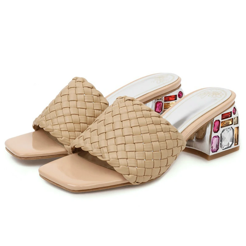 Comfort Summer Slipper Women Mules Shoes Outdoor Luxury Crystal Sandal Low Heels Casual Knitted Beach Footwear Shoes Large Size