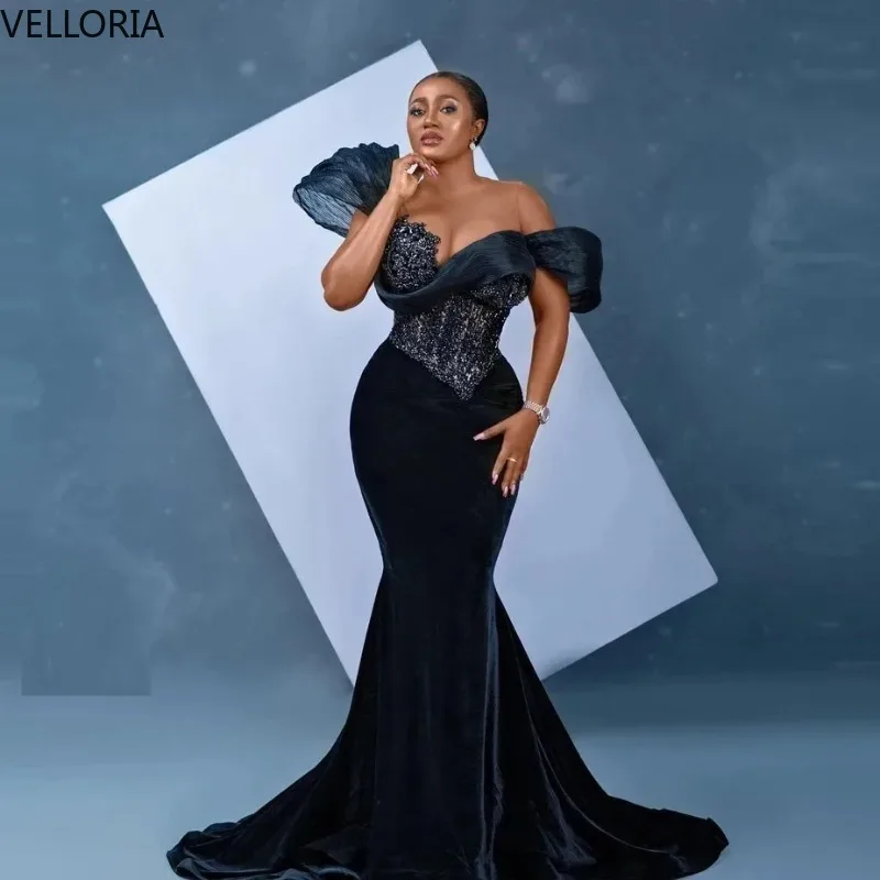

Black Velvet Mermaid Evening Dress 2025 Off Shoulder Sparkly Formal Party Gown Ball Gown Vestdos De Fiesta Customized