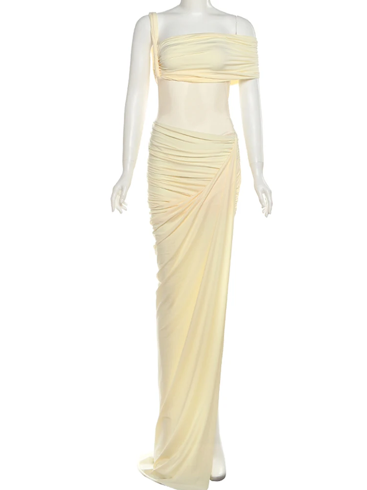 

Whatiwear, элегантный комплект из 2 предметов со рюшами, женские узкие боди с открытыми плечами нестандартной формы + длинные юбки с высокой талией и разрезами, уличный сексуальный комплект