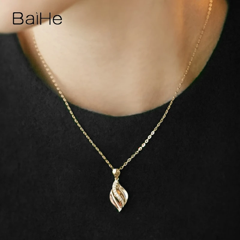 BAIHE Solid 14K Yellow+Rose Gold H/SI Natural Diamond Leaf Necklace Women Lady Fine Jewelry Making Collar hoja жапырақты алқа