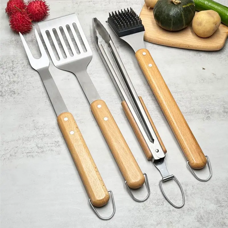 Edelstahl-Grillwerkzeug-Set im Freien, Grill, Buchenholzgriff, Gabel, Schaufel, Klemmbürste, kombinierter Grill