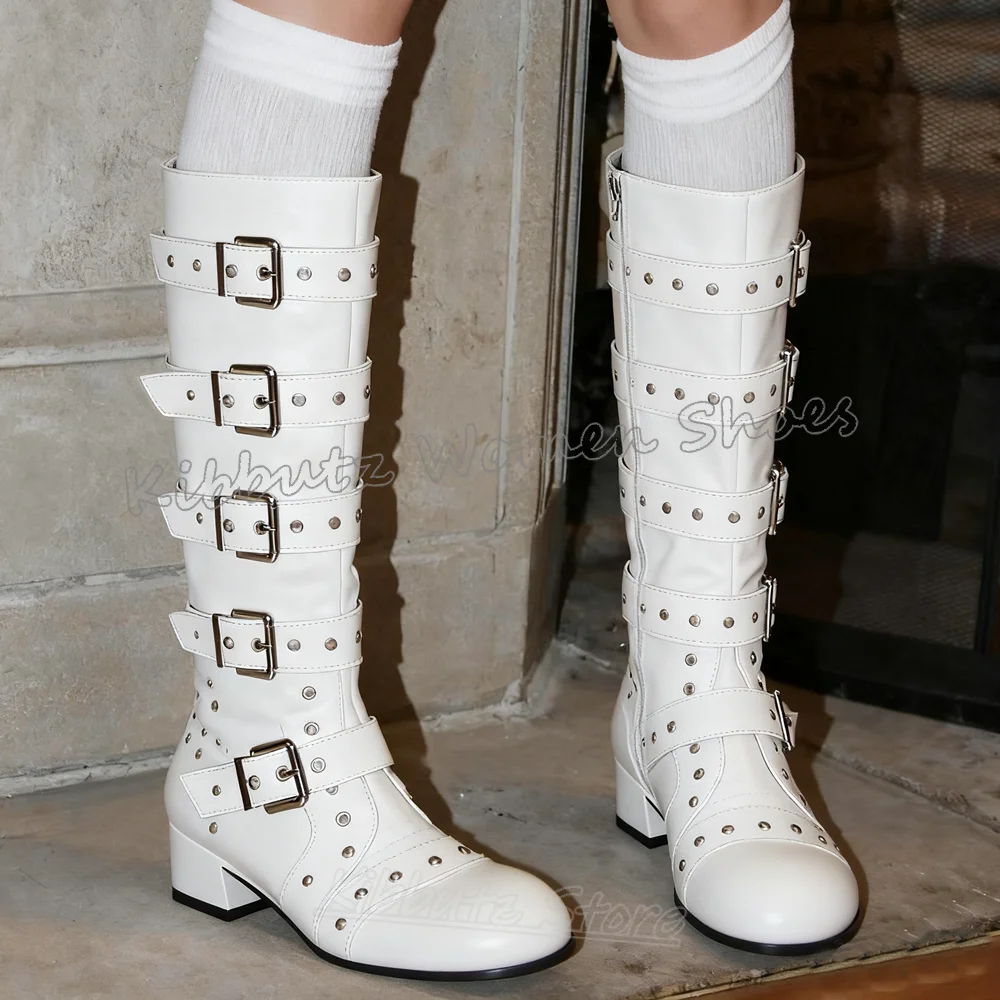 

Belt Buckle Knee High Boots Leather Solid Color Fashion Novelty Sexy Elegant Concise Round Toe Chunky Heels Spicy Girl Shoes New