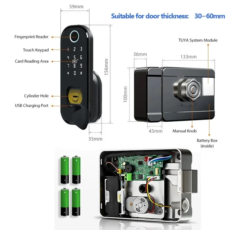 Fingerprint Waterproof Outdoor Garden Lock Remote Control TUYA WIFI App Code Keyless Smart Door Lock Electric Rim Lock