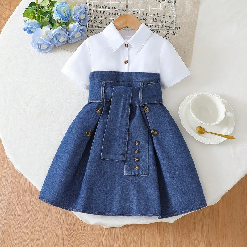 

Новое модное платье для девочек в европейском и американском стиле 2026 года, джинсовое платье с вставками, однотонное