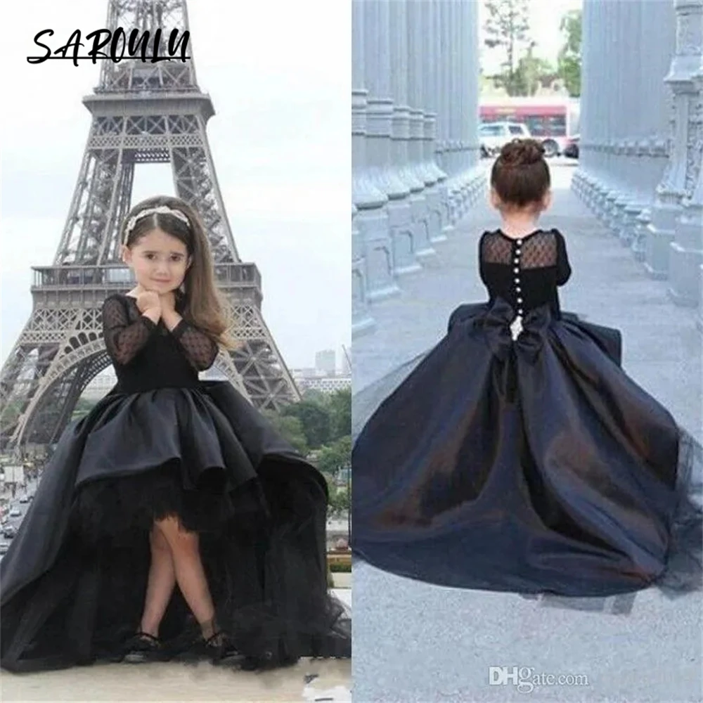 

Long Sleeves Little Girls Pageant Dress Black High Low Mother And Girl Flower Girl Dresses For Teens Formal Holy Communion Gown